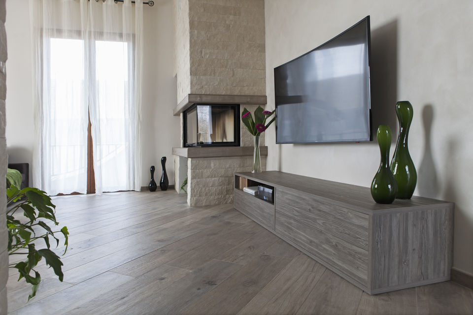 Bespoke living-room bench with doors for media storage